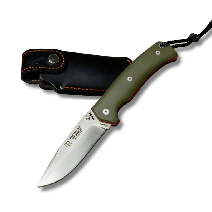 Cudeman RANGER 327-GVF foldekniv med 100 mm Böhler N-695 stålblad, grønt G10-skaft og sort læderskede vist i åben position.