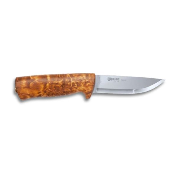 Helle Eggen kniv med krøllet birkeskæfte og læderskede