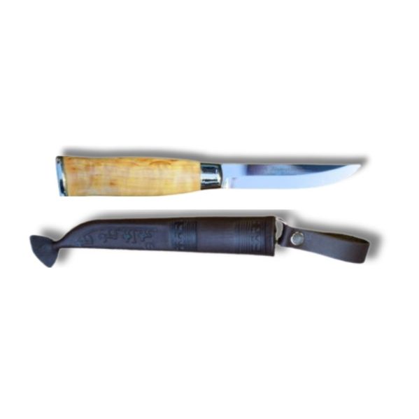 Iisakki Järvenpää Jätkänvuolu-kniv i rustfrit stål med lang, slank stålklinge og mørkebrunt, ergonomisk formet træskaft i traditionelt finsk design.